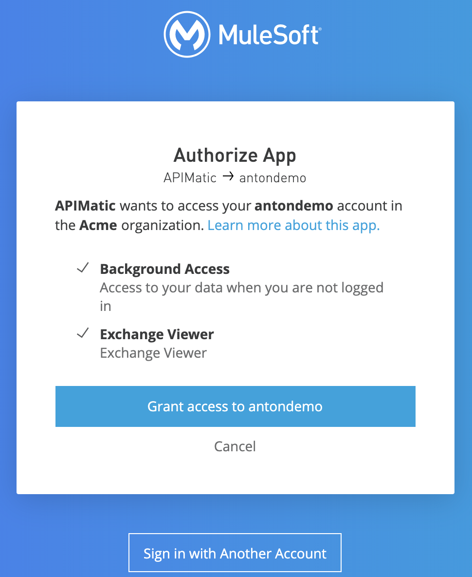 The interface the user sees before authorizing an app to use their data
