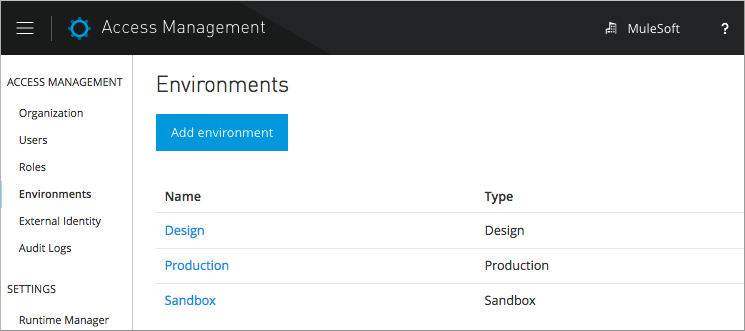 The Environments interface in Access Management