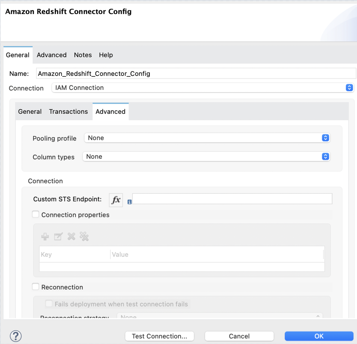 Amazon Redshift IAM configuration Advanced tab