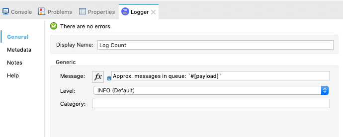Log message count example configuration values