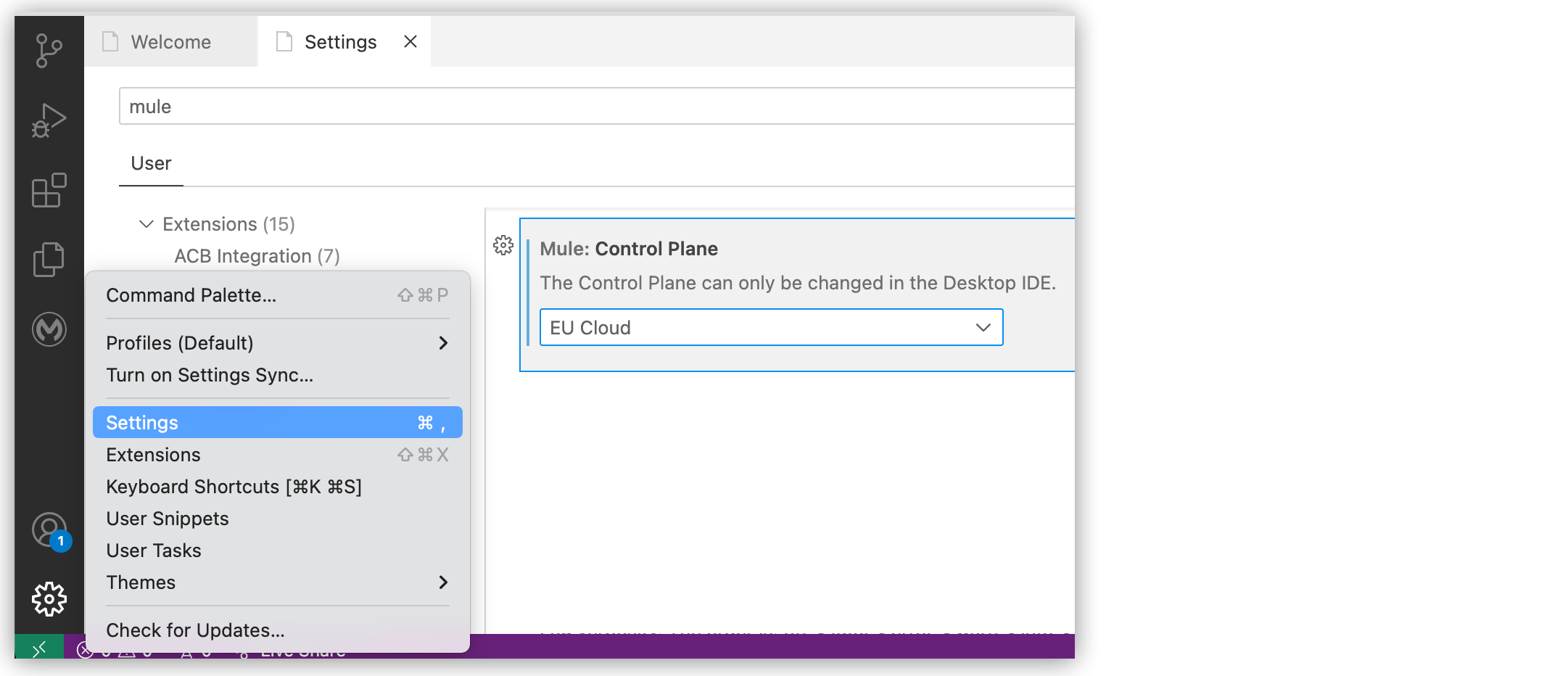 Selecting the EU cloud from the desktop IDE