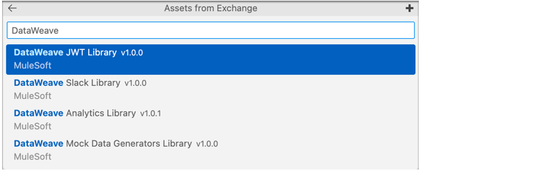 The DataWeave JWT Library is highlighted in a list of available DataWeave libraries