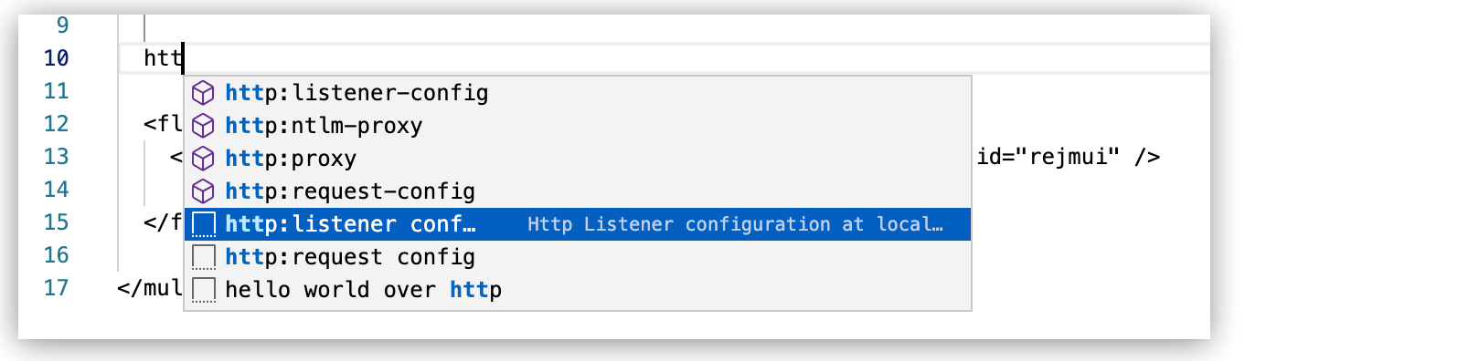 http:listener-config snippet highlighted in the configuration XML menu