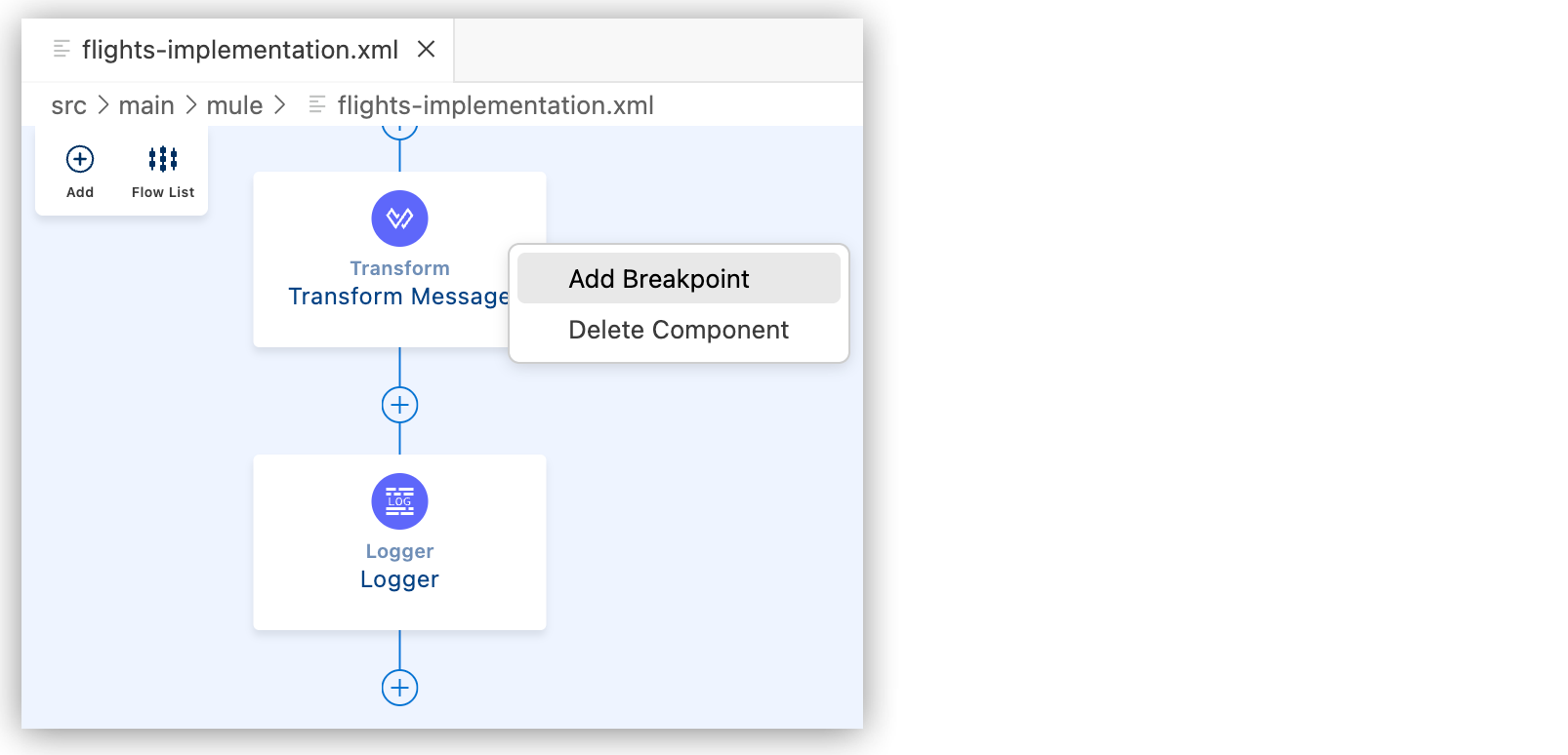 Add breakpoint to a component in the canvas UI