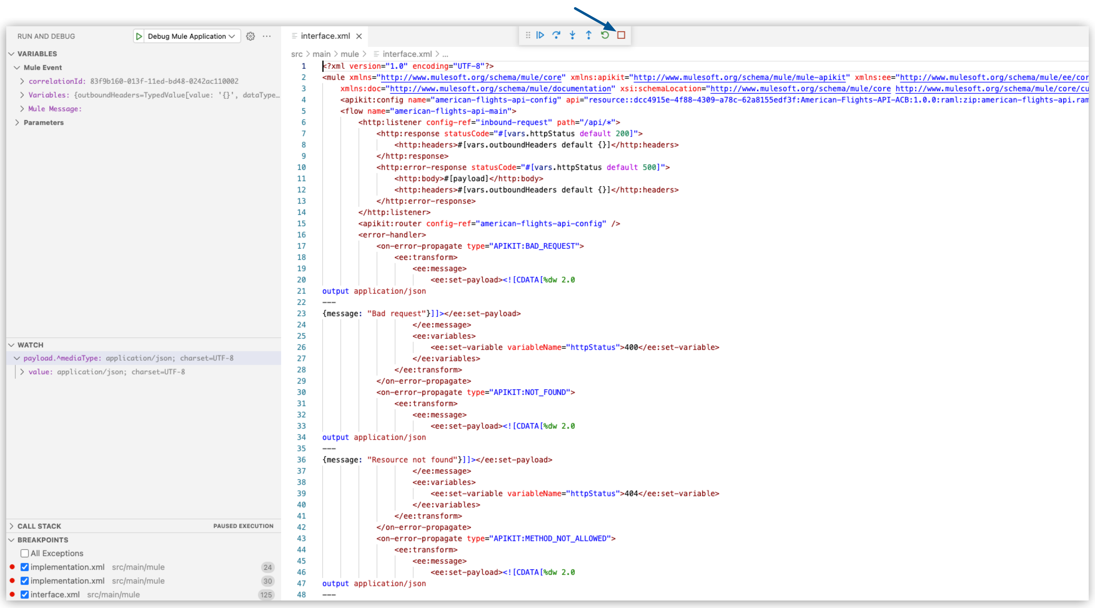 Stopping a debugging session from the debug toolbar