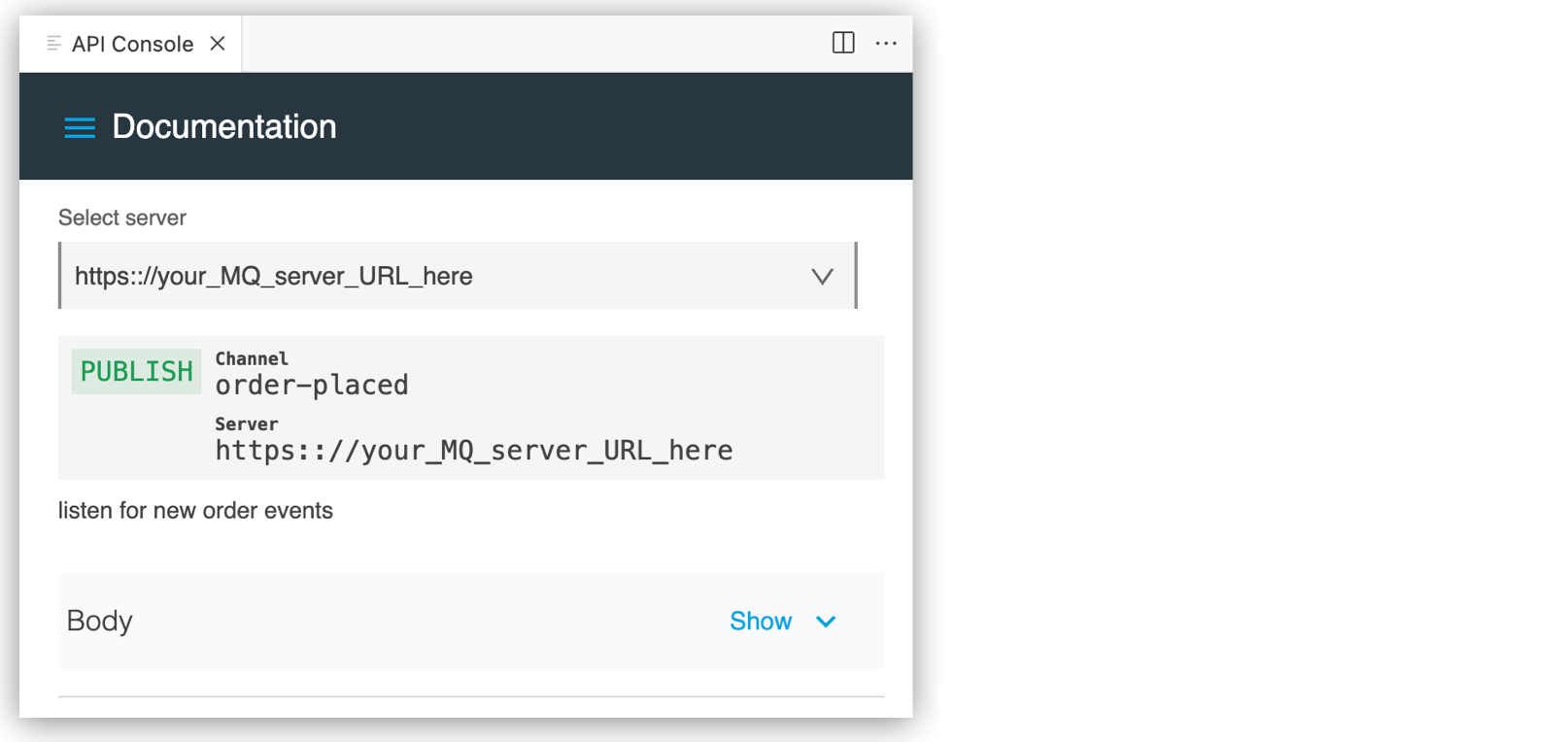 API Console with Publish details