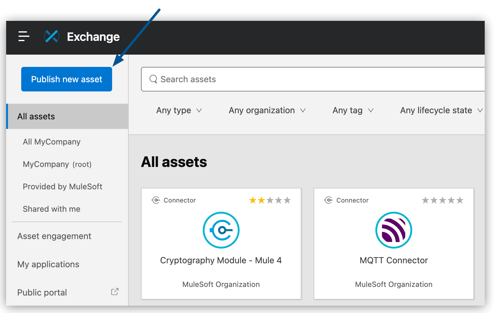 Publish new asset button in Exchange