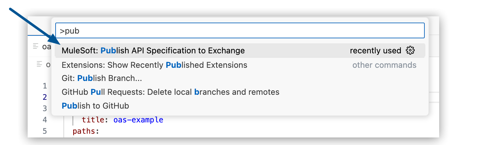 MuleSoft: Publish API Specification to Exchange highlighted in Command Palette