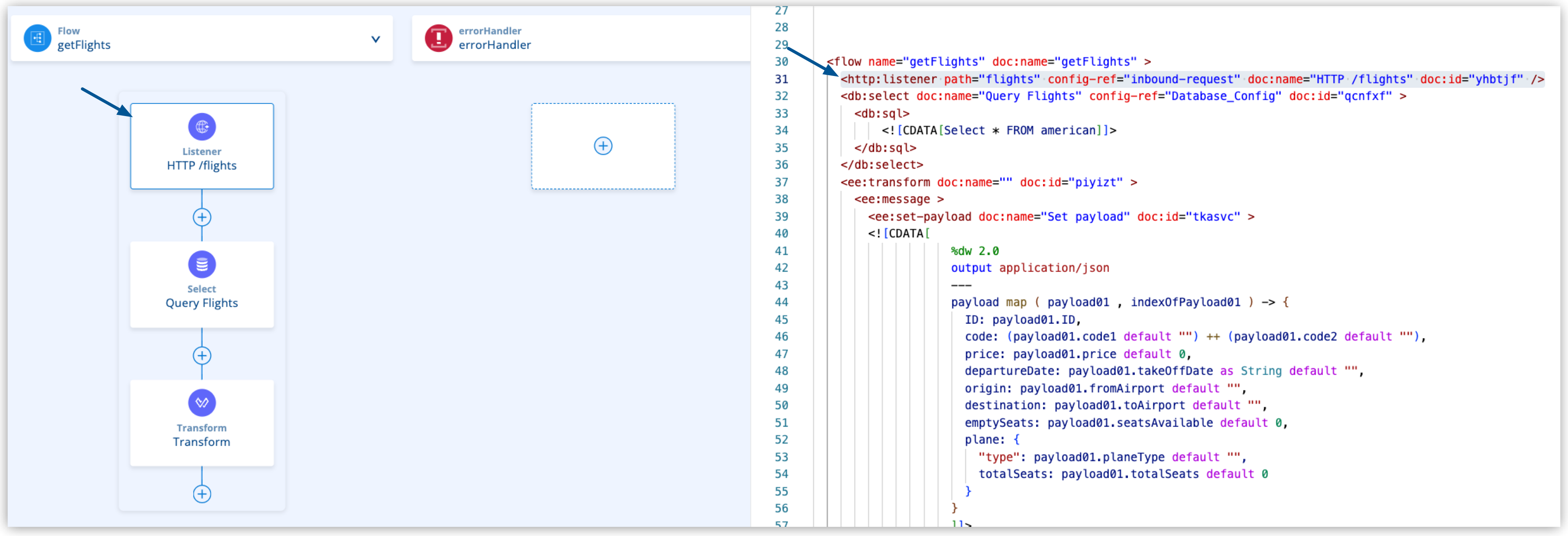 HTTP listener highlighted in the implementation.xml file
