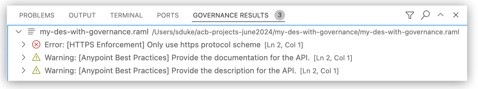 Error and Warnings in Governance Results