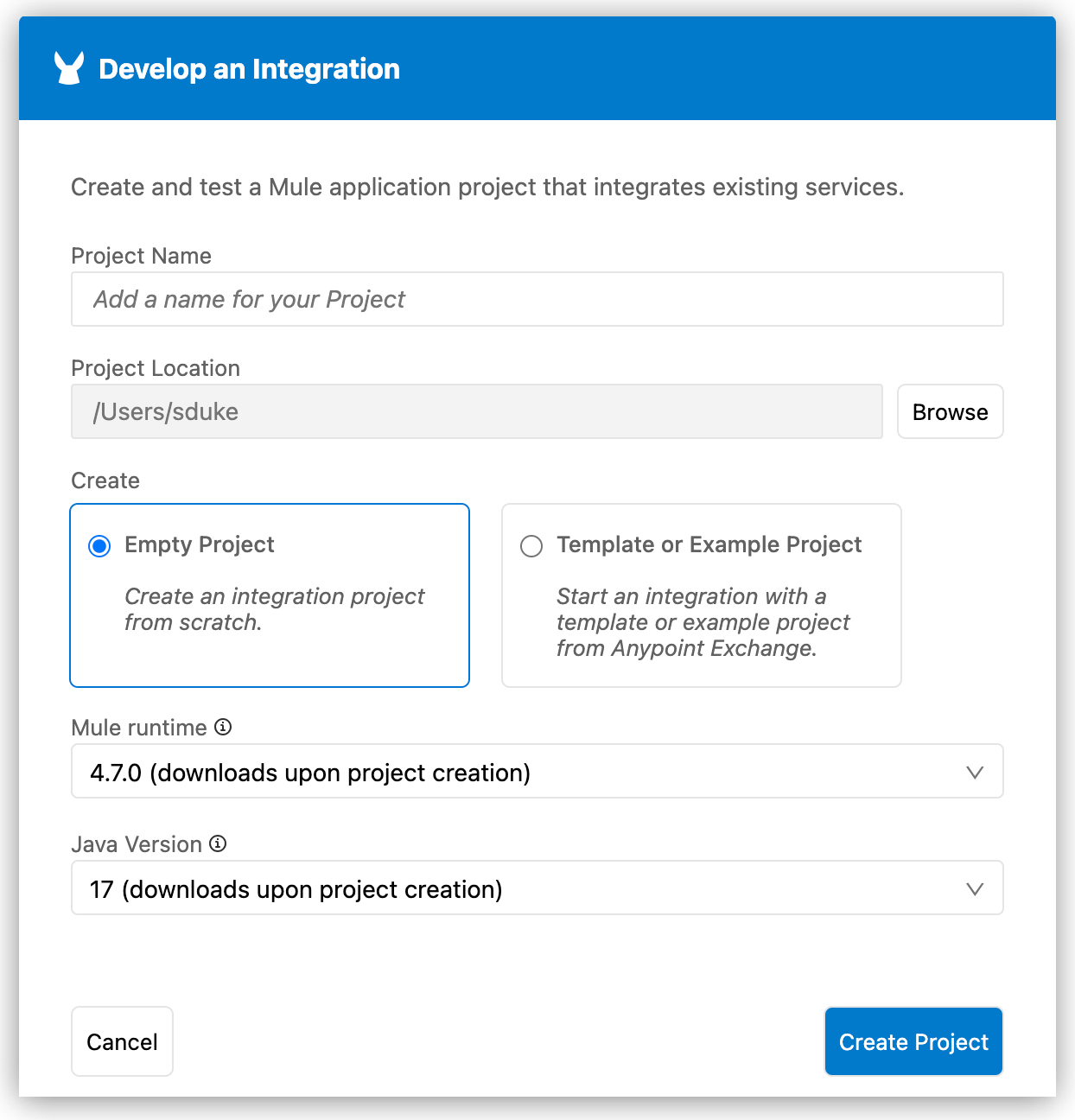 Create integration project from scratch.