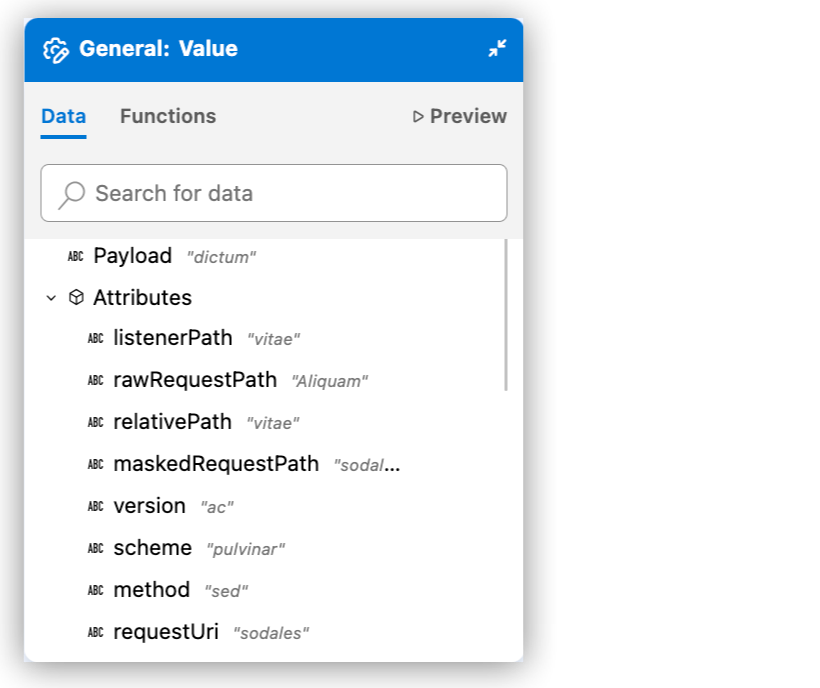 Data tab for expression field with mock attributes