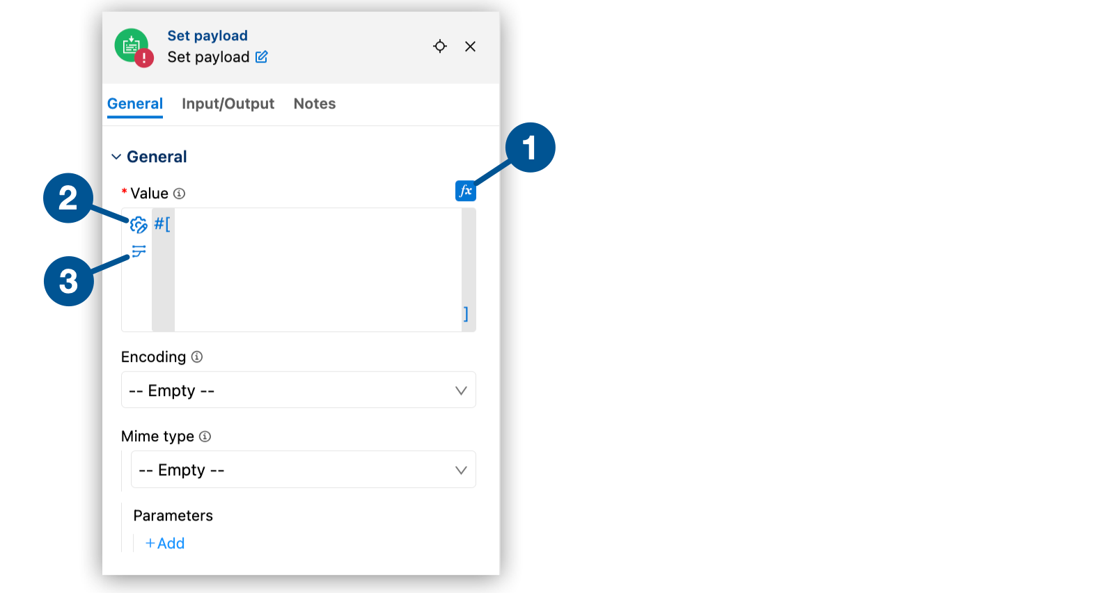 The *Expression Field*, *Expression Builder*, and *Transformation Builder* button location highlighted in a component