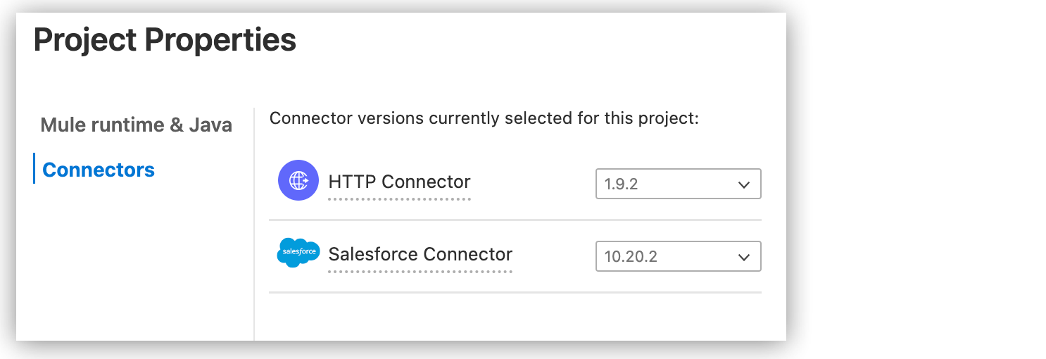 Connector versions in Project Properties tab