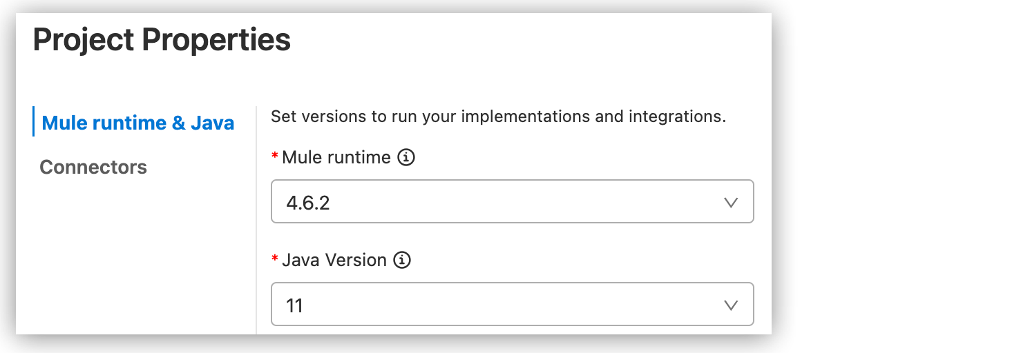 Mule and Java versions in Project Properties tab