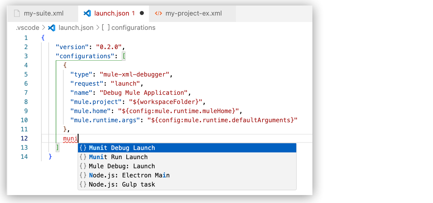 Adding launch configuration for MUnit from the auto-complete menu