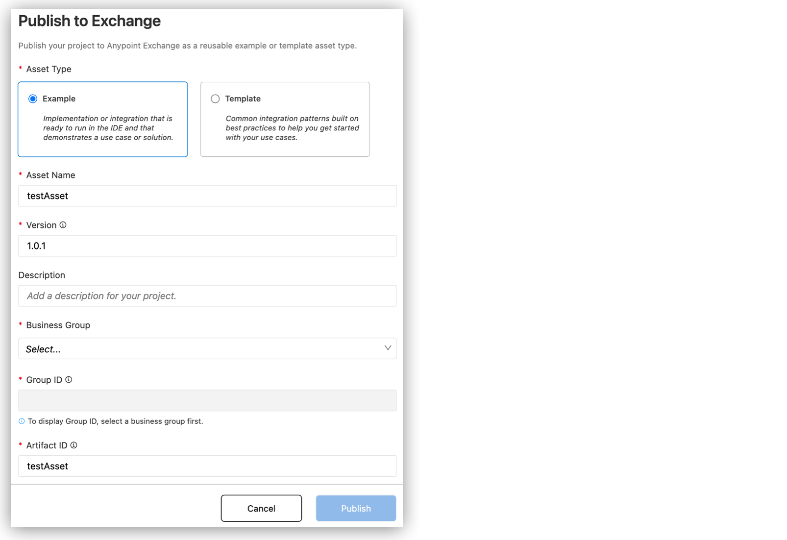 Form for publishing a project to Exchange