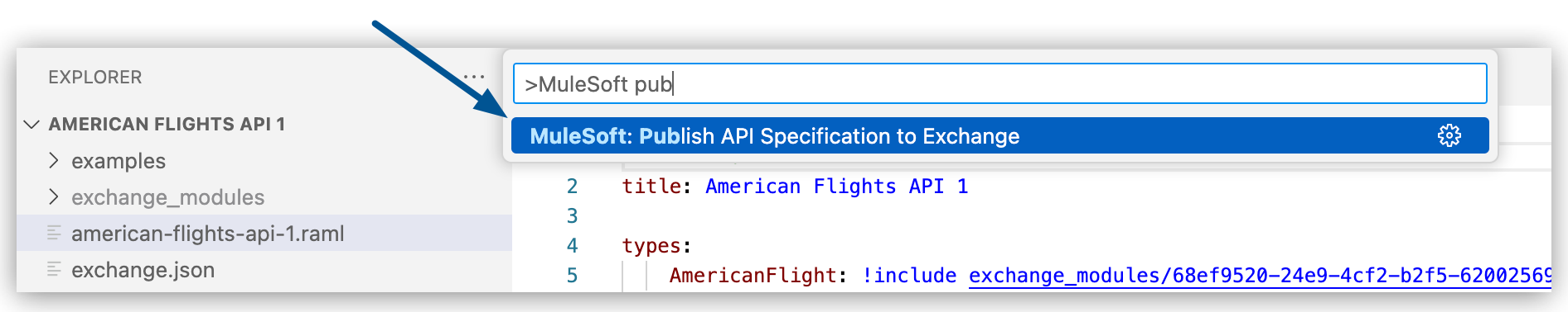 MuleSoft: Publish API Specification to Exchange highlighted in Command Palette