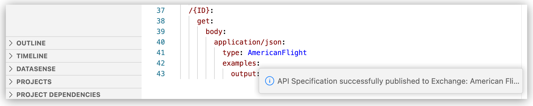 Publishing API specification to Exchange notification highlighted