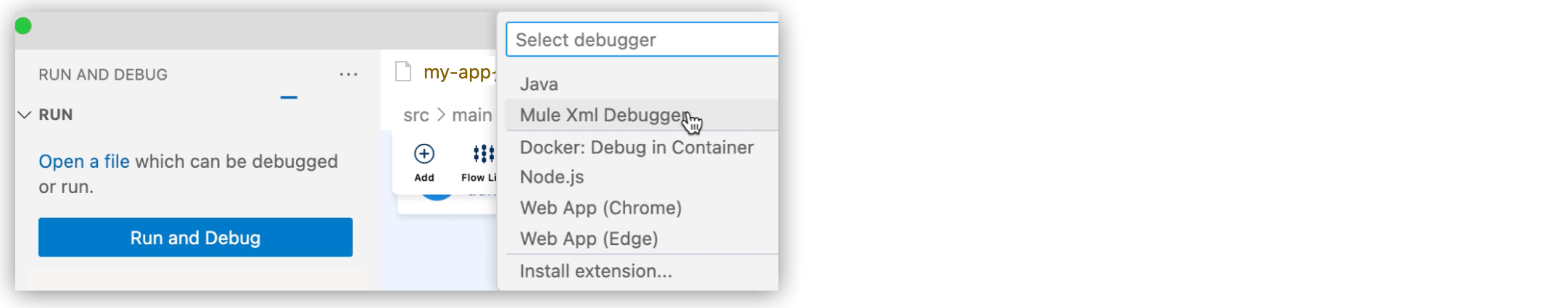 Run and Debug button and Mule XML Debugger menu item