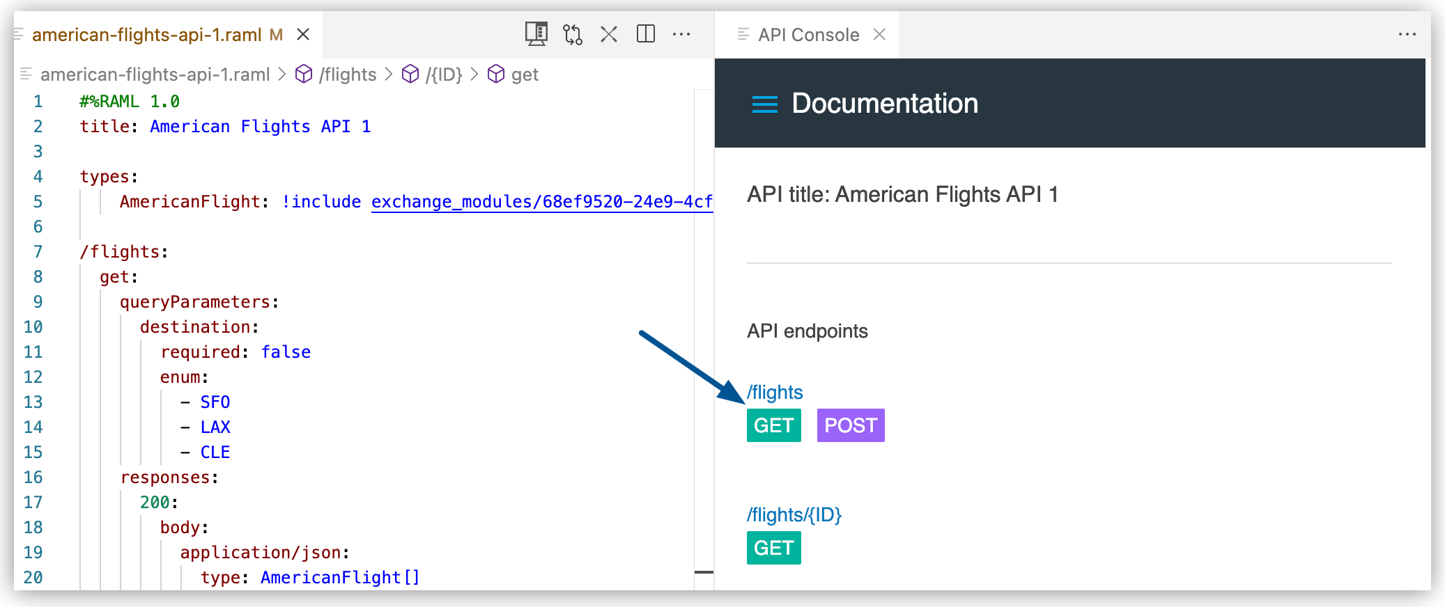 get method for the flights/ resource highlighted in the API Console