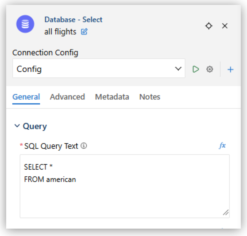 Database - Select properties panel with the General tab showing the SQL Query Text field set to SELECT * FROM american