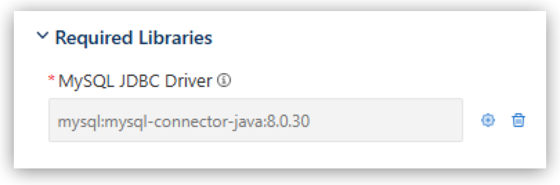 Required Libraries section confirming MySQL JDBC Driver is set to mysql:mysql-connector-java:8.0.30