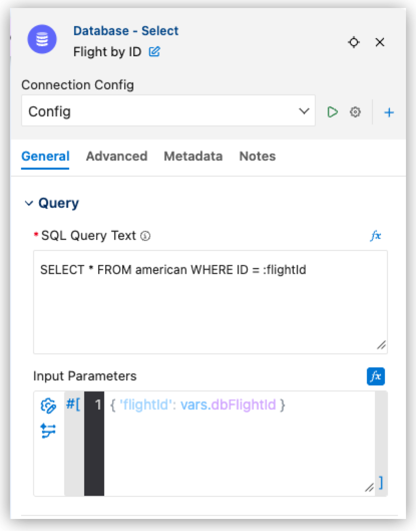 Database - Select properties panel with Name set to Flight by ID, Connection Config set to Config, and the SQL Query Text and Input Parameters fields configured