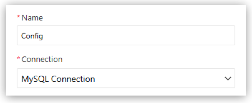 Connection Config dialog with Name set to Config and Connection set to MySQL Connection