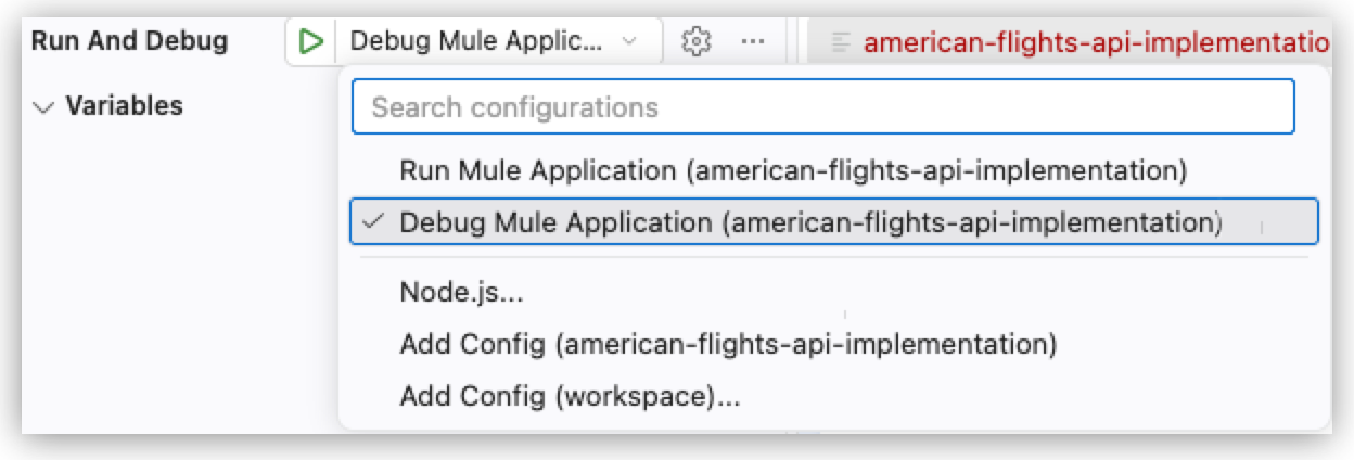 The Run and Debug dropdown with Debug Mule Application selected
