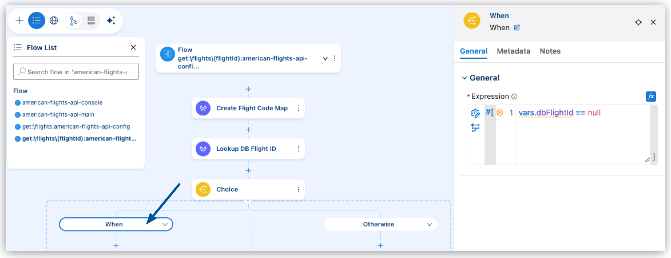 The When path of the Choice router selected and the When element properties panel.