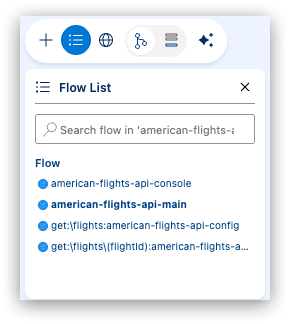 The Show flow list button in Anypoint Code Builder used to display the list of flows in the canvas
