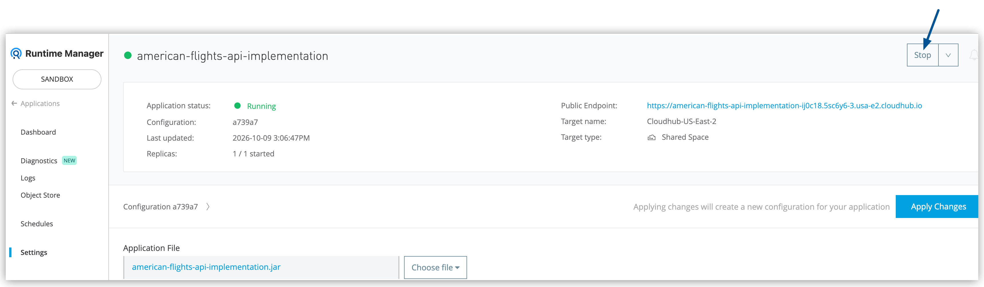 The Runtime Manager UI showing the Stop button in the settings page of a deplyoed application.