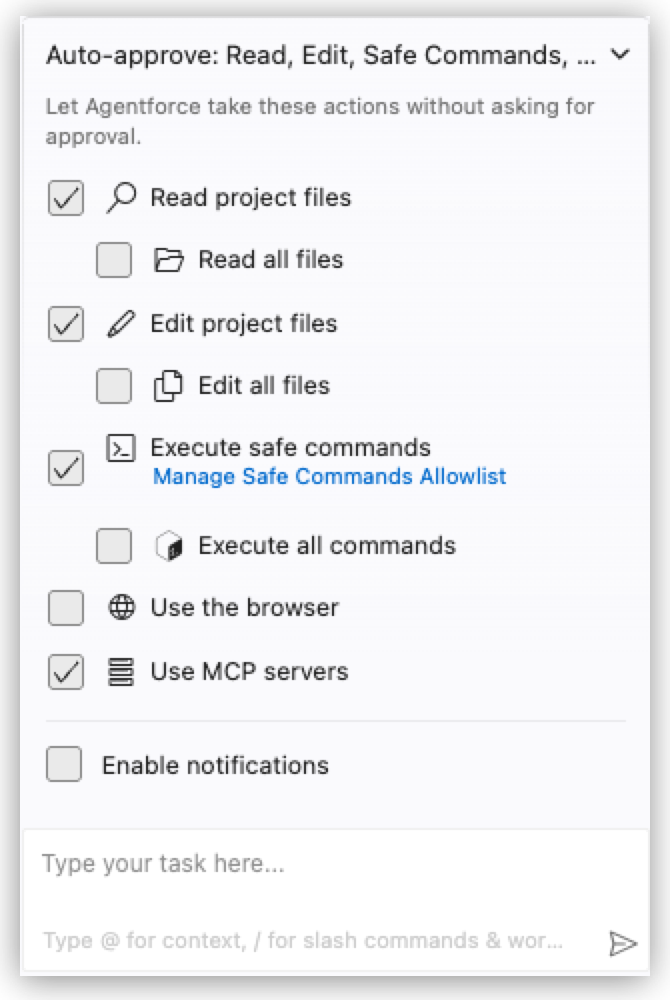 Auto-approve panel with Read project files, Edit project files, Execute safe commands, and Use MCP servers checkboxes selected