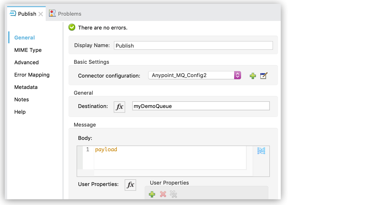 Destination property and Add icon for the Publish operation
