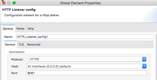Global Element Properties window for HTTP Listener config with protocol set to HTTPS.