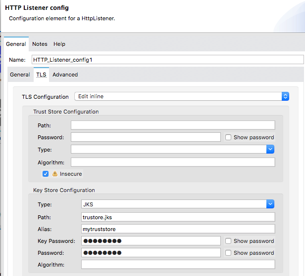 TLS tab in Global Elements window for HTTP Listener with empty fields for Trust Store Configuration section.
