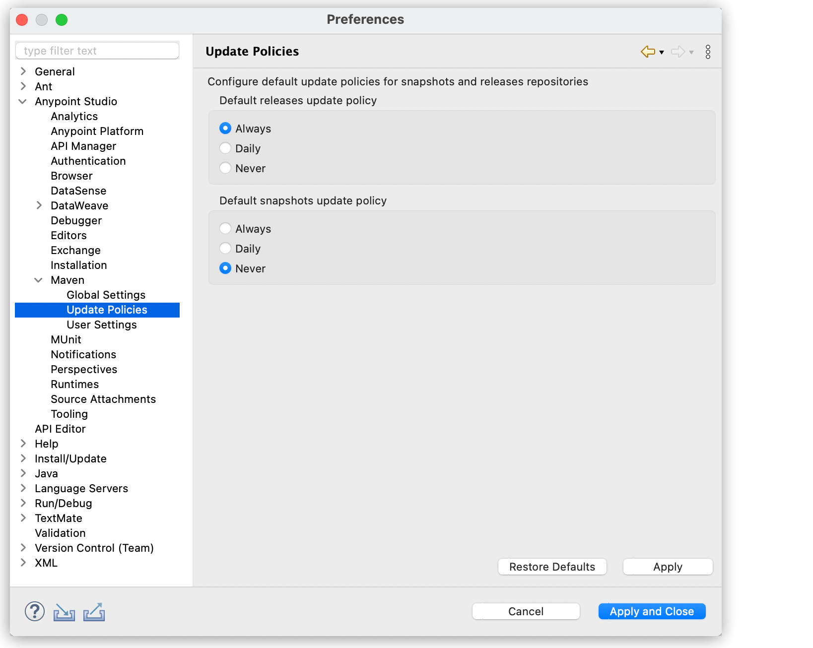 “*Update Policies* option highlighted in the Studio setting preferences window.”