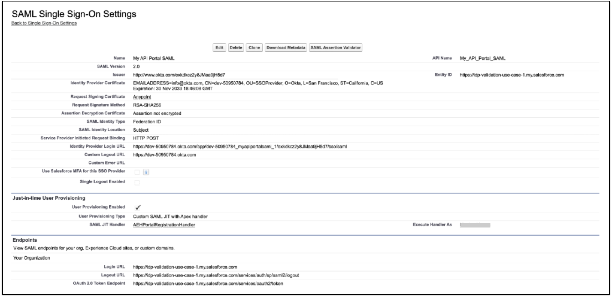 SAML Single Sign-On Settings example