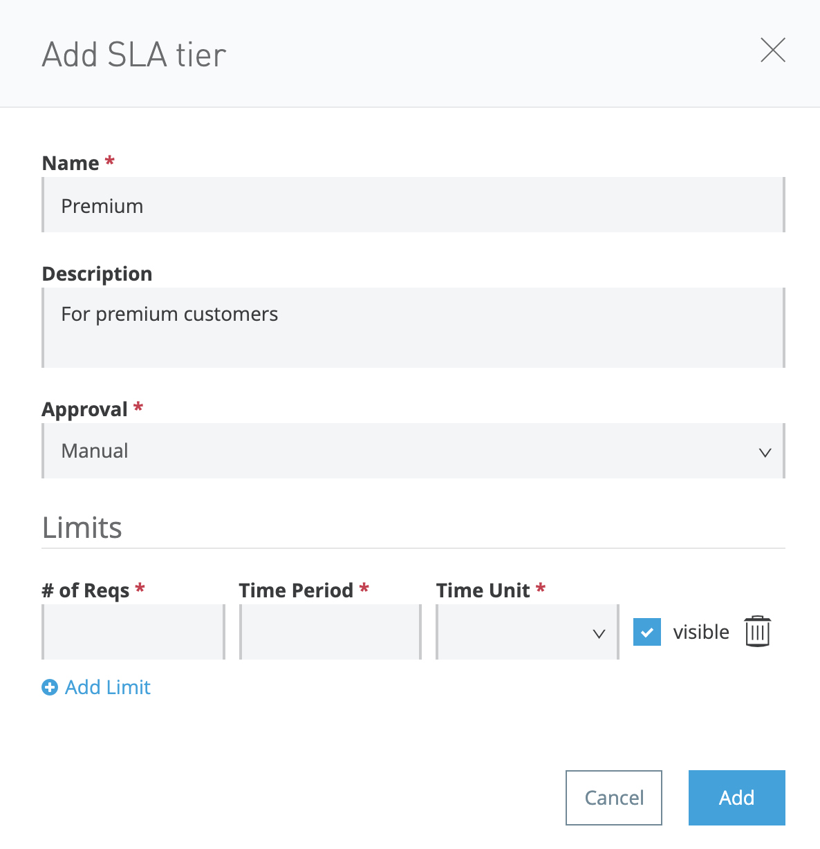 The illustration shows the Add SLA tier window