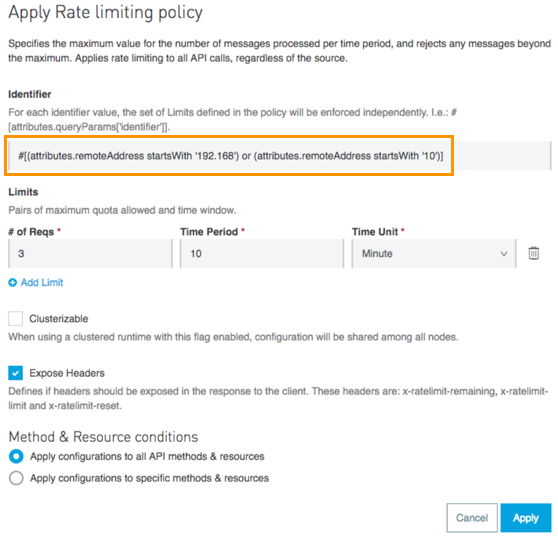 The Apply Rate limiting policy page with identifier attributes highlighted.