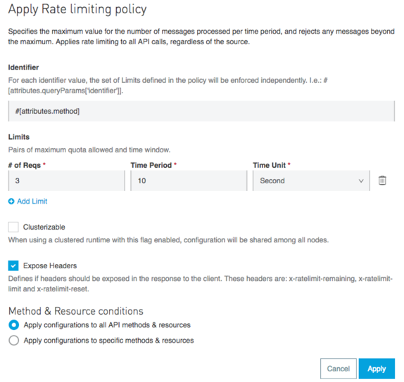 The Apply Rate limiting policy page.