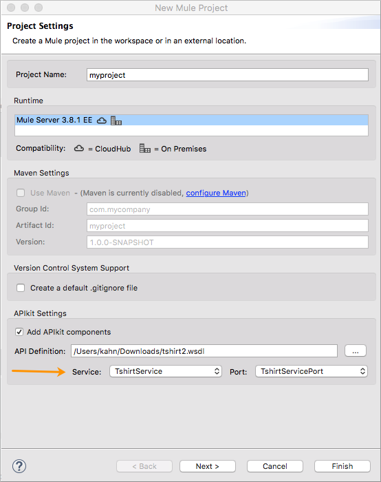 *New Mule Project* dialog with populated fields.