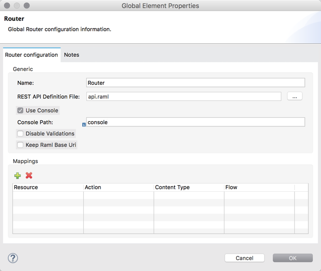 *Global Element Properties* dialog with the *Router configuration* tab highlighted.