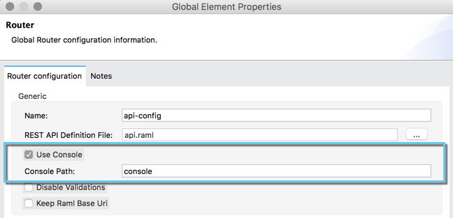 Global Element Properties with the *Use Console* checkbox and the *Console Path* highlighted.