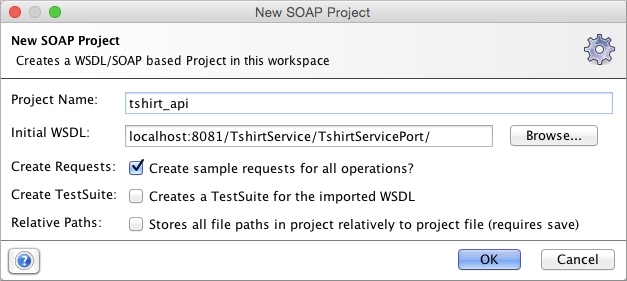 *New SOAP Project* dialog with the the initial WSDL.