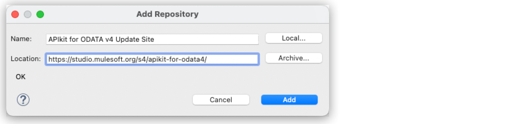 Window for adding a repository highlighting the *Add* button, with the name and location fields