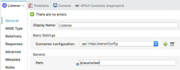 api-httpListenerConfig displayed in the Connector Configuration, in the Listener tab.