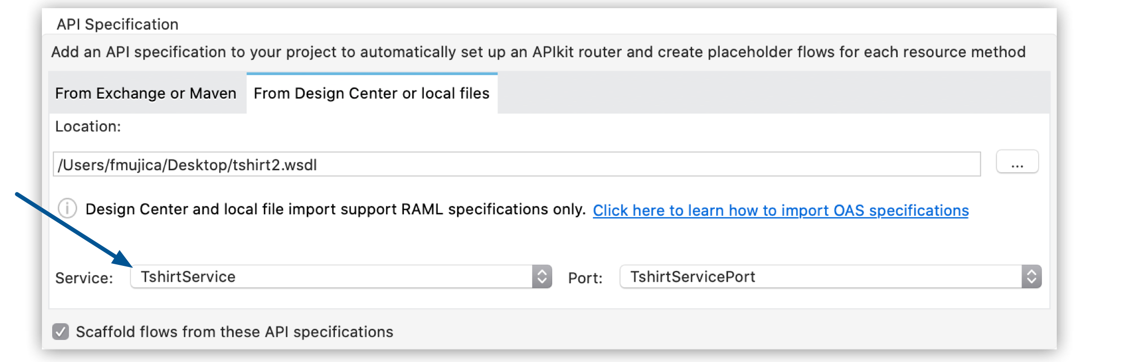 API specification window highlights the service and the port from the drop-down menus.