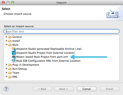 Import window highlights the Mule folder, in which to select the pom.xml file.
